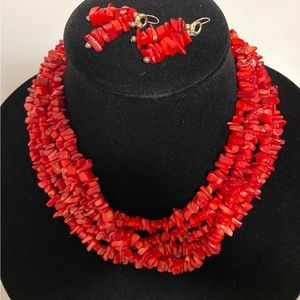 Vintage 5 Strand 18” Red Coral Statement Necklace and Dangle Earrings Hand Craft